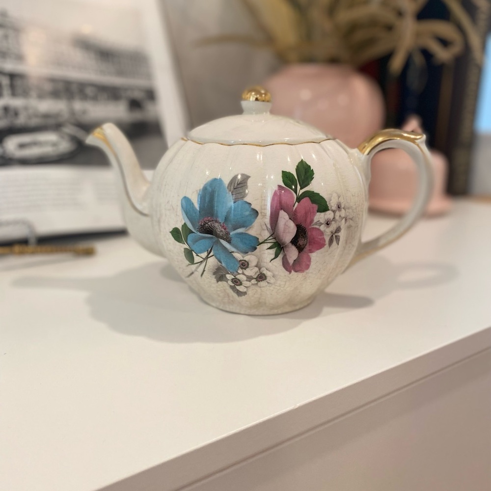 Gibson White Teapot with Blue and Pink Floral Design